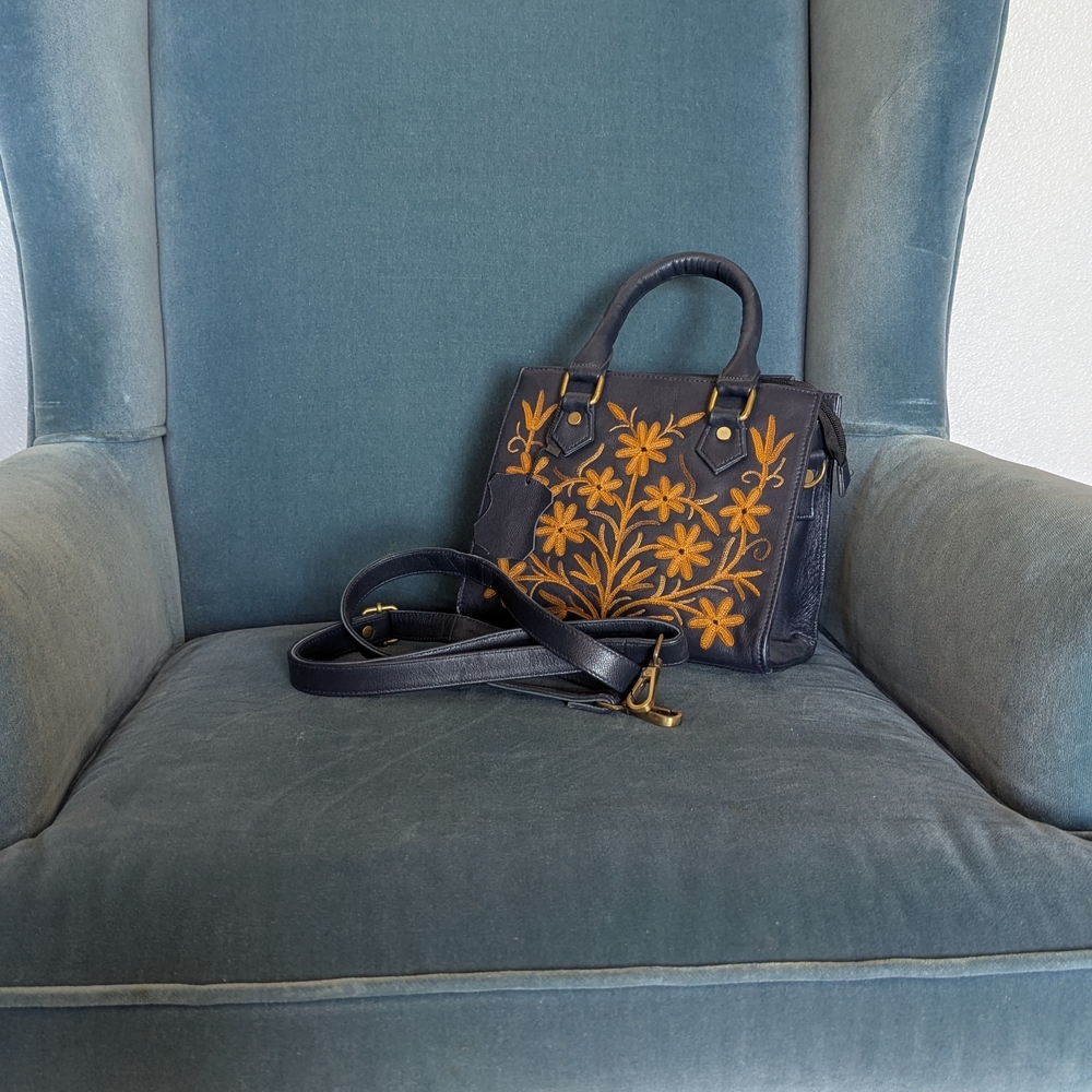 Elegant Navy Blue and Gold Floral Satchel